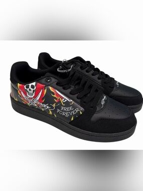 Ed Hardy Skull Sneakers Men’s Size 9.5 Tattoo Graphic Faux Leather‎ Shoes NWOB